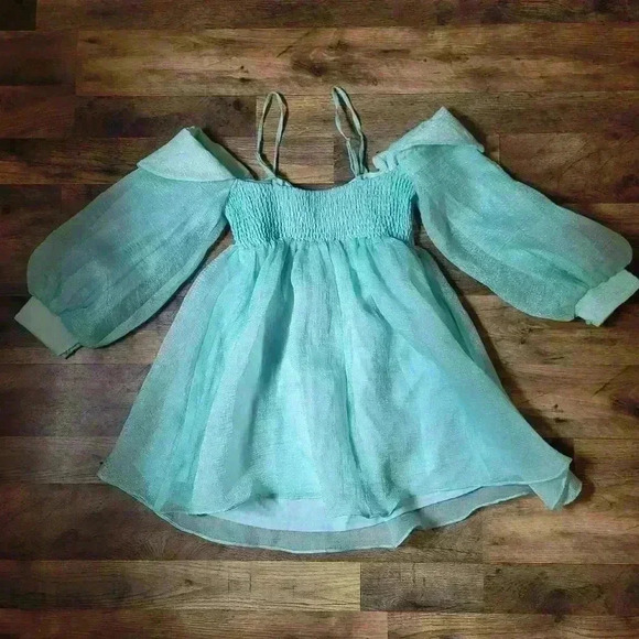 Klesis Mint Babydoll Off-Shoulder Longsleeve Shimmer Dress Size Small - Picture 9 of 9